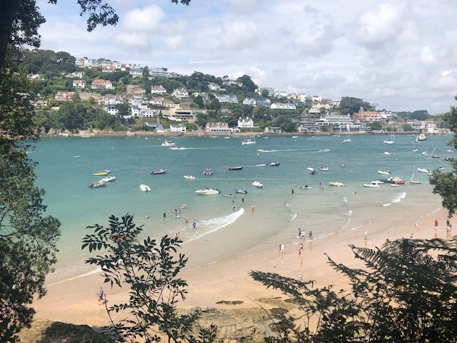 A stunning, sandy beach in Salcombe featuring people having fun on the sand, in the sea or in a wide variety of boats
