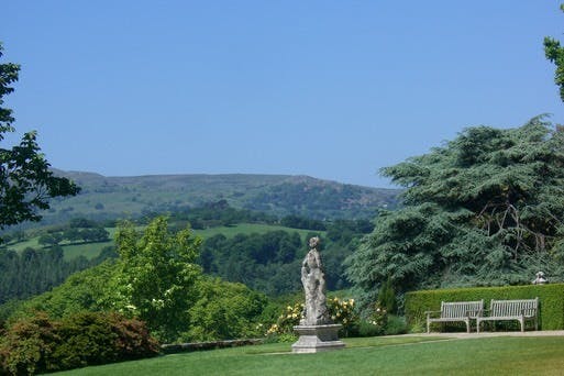 Ornate sculpture and far reaching views at Bodnant Gardens, Conwy