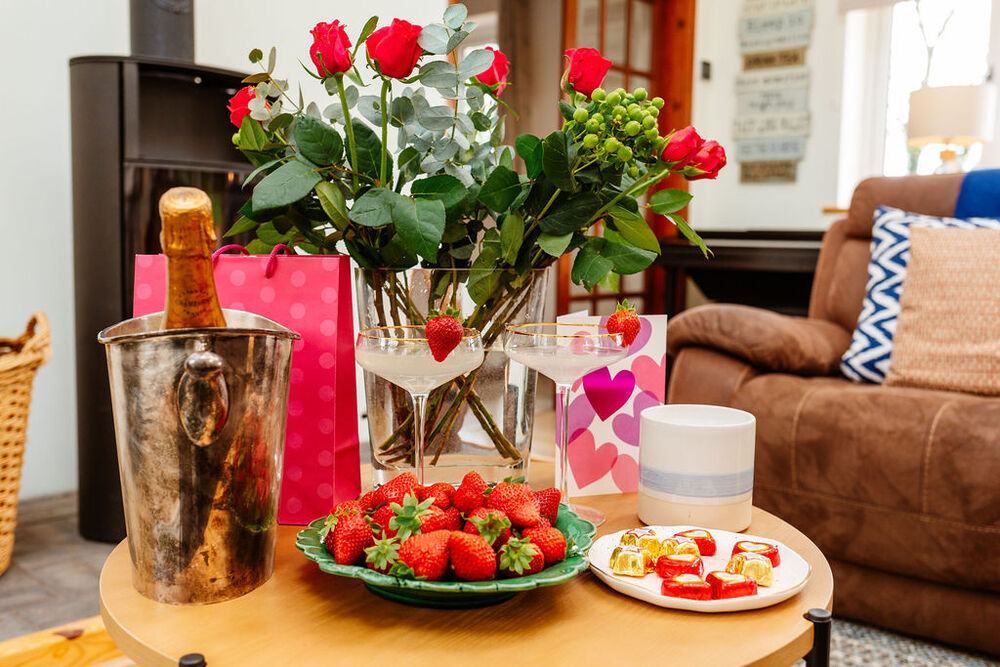 Roses and chocolates on a coffee table for Valentines Day