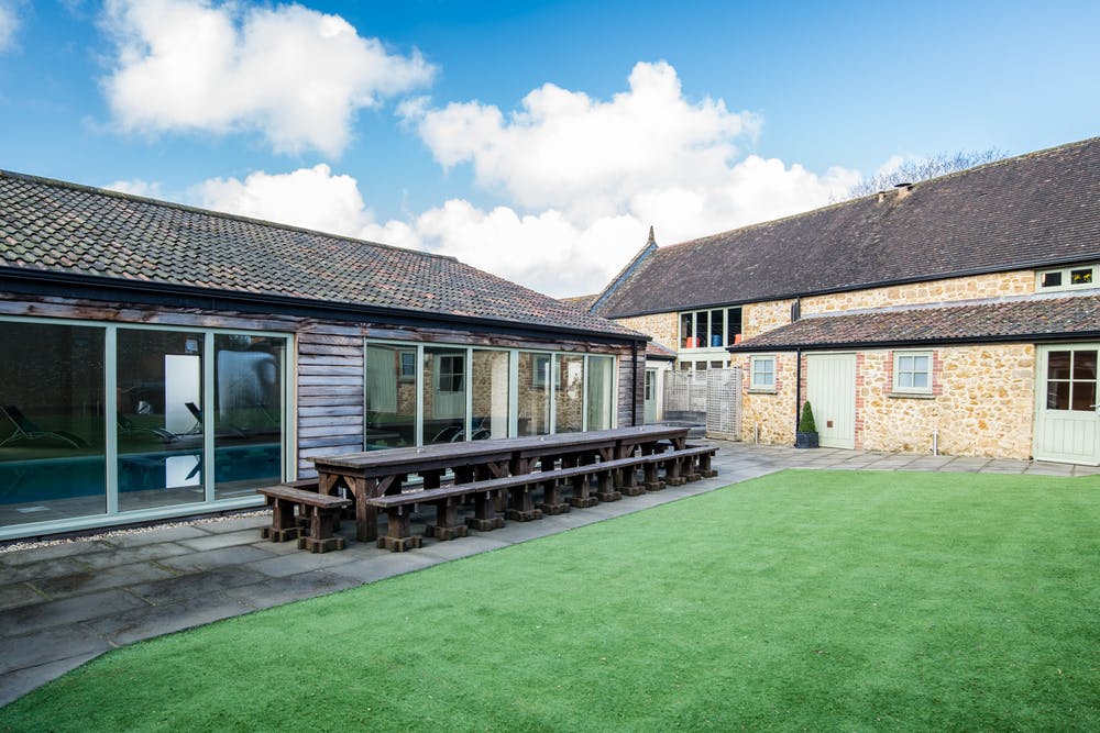 Rear courtyard at Beaverbrook showing the spa hall and the main building