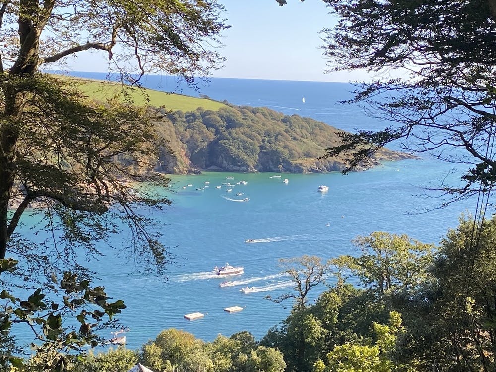 Stunning view of a wide variety of boats riding along the sea in Salcombe near the cliffs