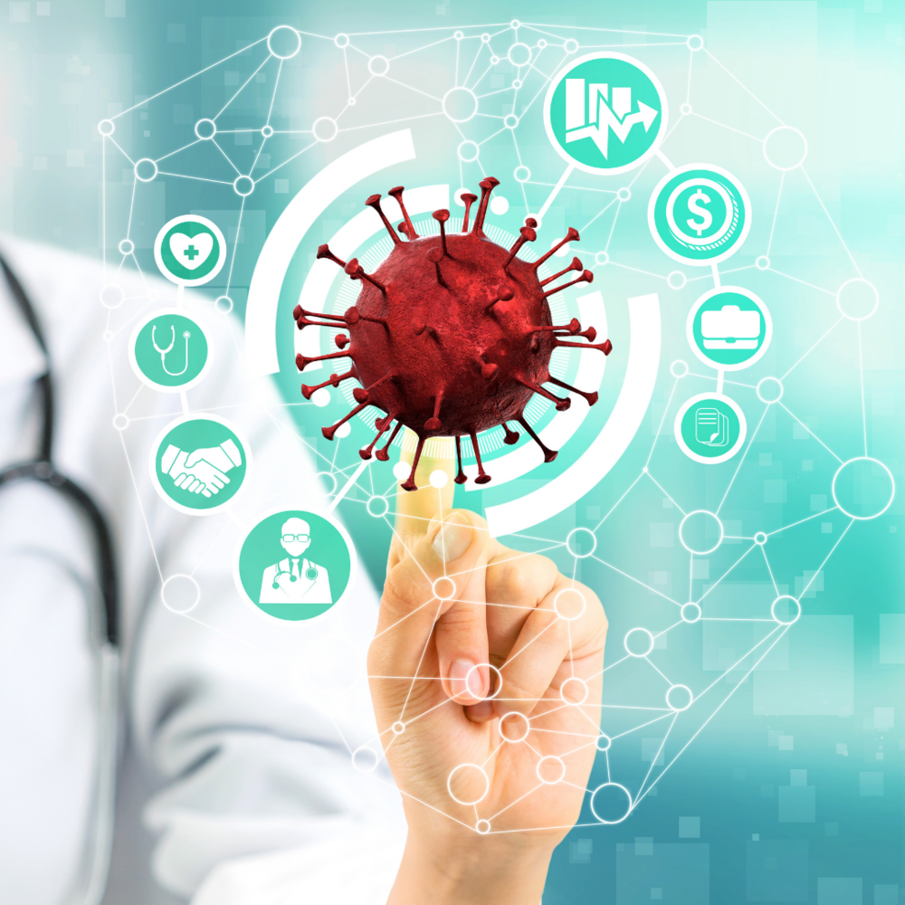 Digital image of virus surrounded by icons representing factors it affects (e.g. money)