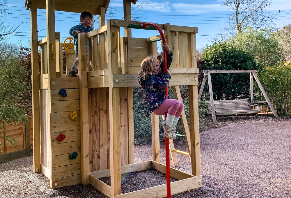 Fabulous new play tower with fireman's pole