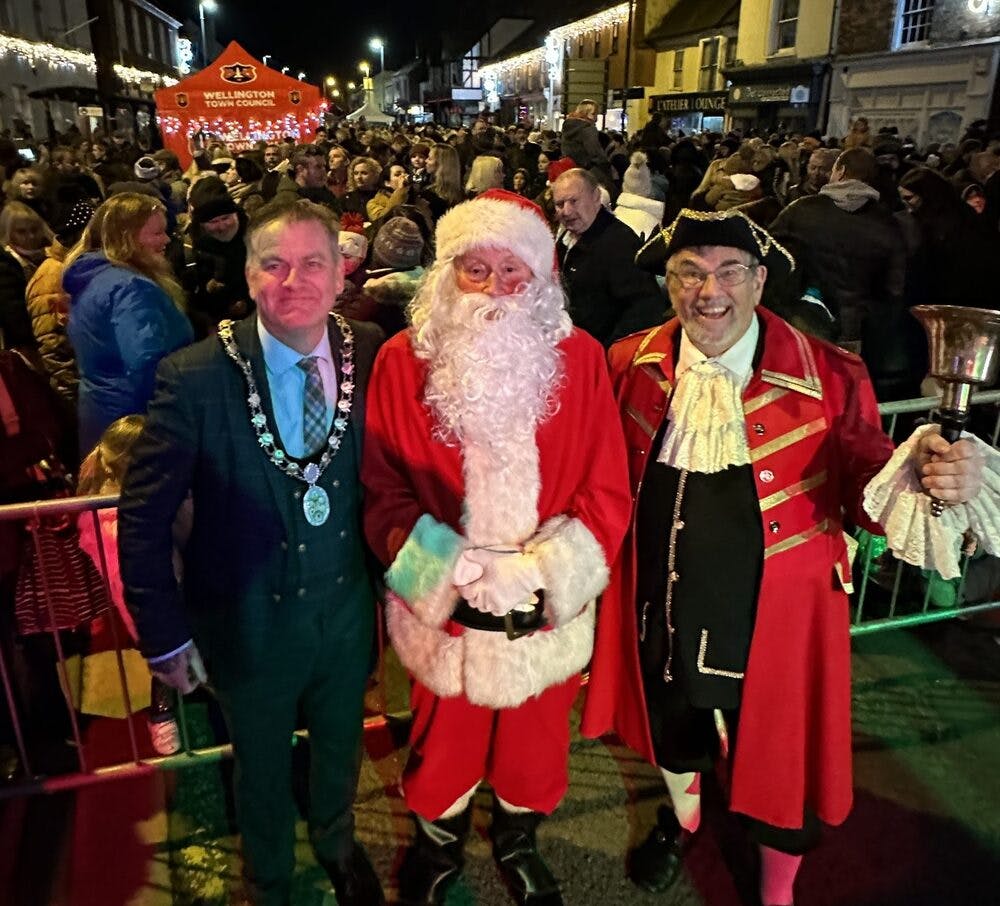 PIcture of Santa and the town crier at Wellington Christmas Market