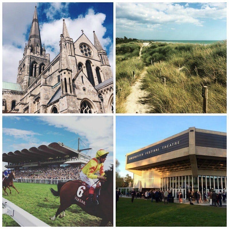 Chichester cathedral, west wittering beach, goodwood racecourse and chichester festival theatre.