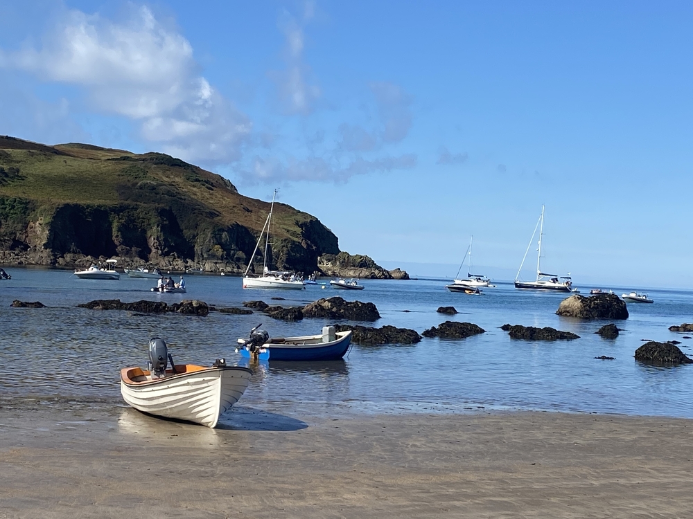 A lovely view of a wide variety of boats sailing in the sea on the Dorset coast near a large cliff