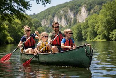 family canoeing together o the river wye