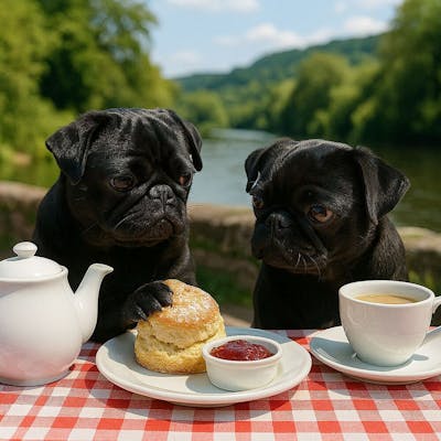 Pugs enjoying a Cream Tea in Symonds Yat