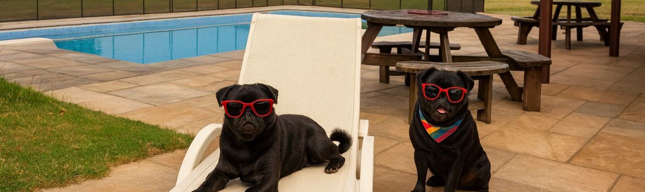 The black pugs are lounging by the pool at High Cloud Farm