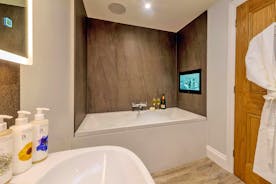 Kingshay Barton - Bedroom 4 (Coombe) has an en suite bathroom with a built-in TV